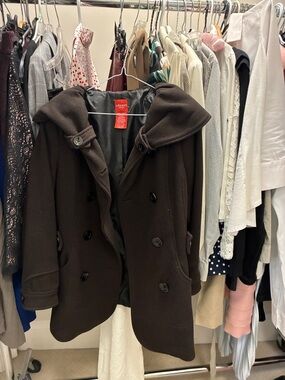 Olsen Brown Double-Breasted Hooded Pea Coat 👵MT